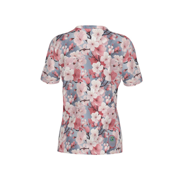 Women Cherry Blossom Performance UPF+50 V-Neck Short Sleeve Shirt