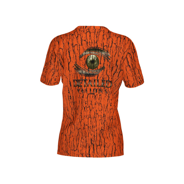 Women Hunter's Orange Tree Bark Camo Performance UPF+50 V-Neck Short Sleeve Shirt