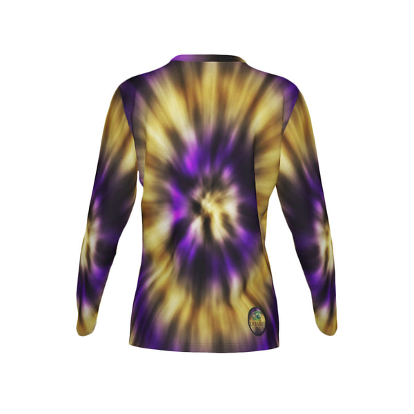 Women Purple and Gold Tie-Dye Performance UPF+50 Crew Neck Long Sleeve Shirt