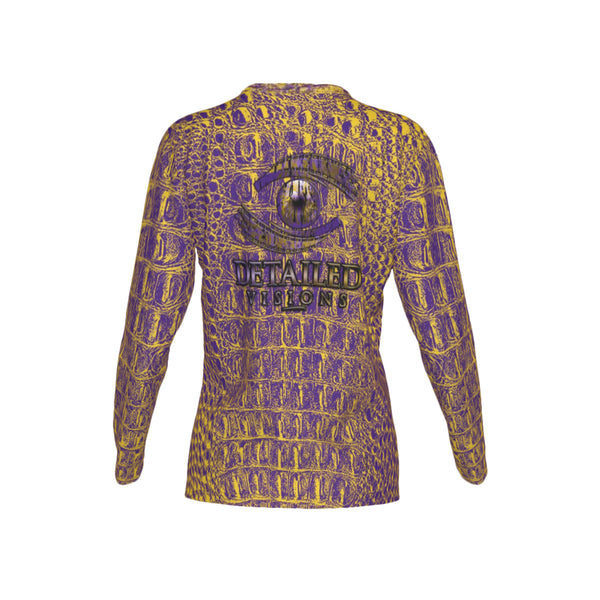 Women Purple and Gold Gator Performance UPF+50 V-Neck Long Sleeve Shirt