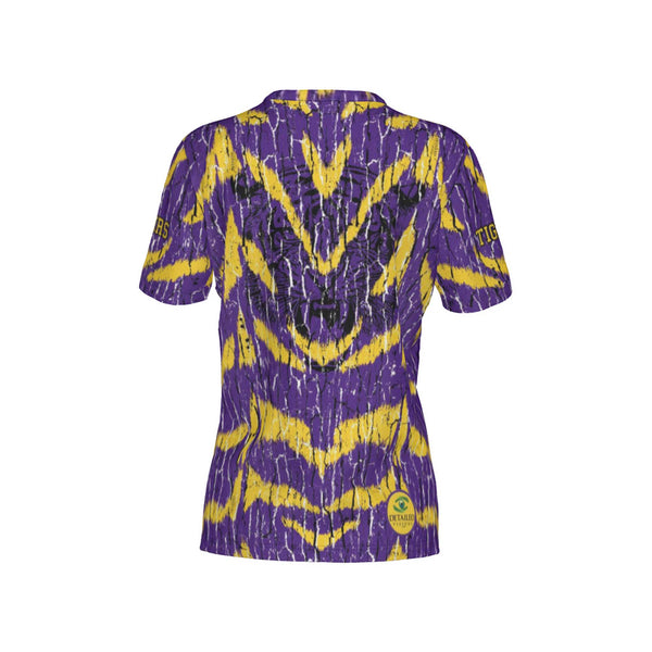 Women Purple and Gold Tigers Tree Bark Performance UPF+50 V-Neck Short Sleeve Shirt