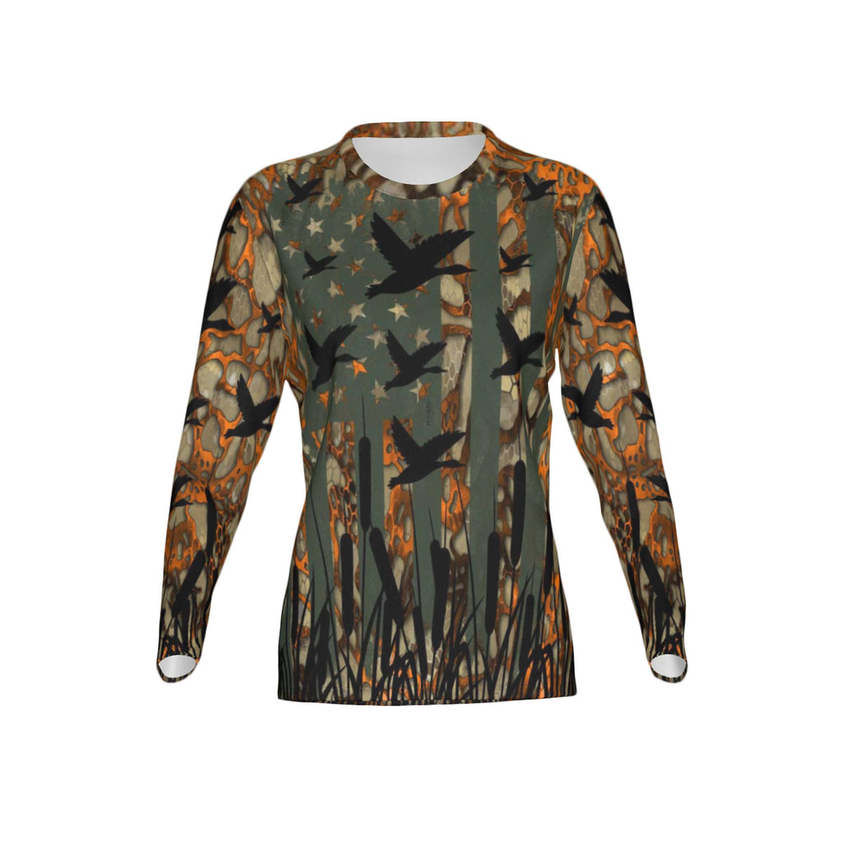 Women USA Duck Camo Performance UPF+50 Crew Neck Long Sleeve Shirt