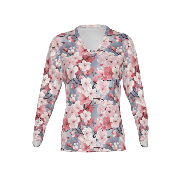 Women Cherry Blossom Performance UPF+50 Long Sleeve V-Neck Shirt