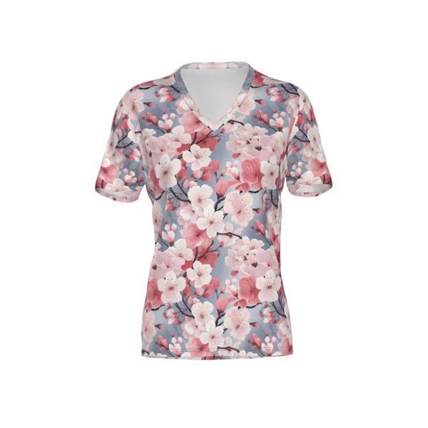 Women Cherry Blossom Performance UPF+50 V-Neck Short Sleeve Shirt