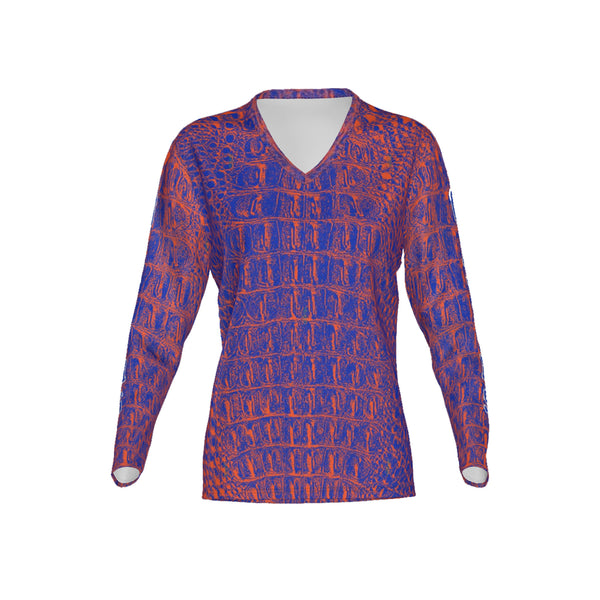 Women Blue and Orange Gators Performance UPF+50 V-Neck Long Sleeve Shirt