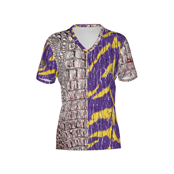 Women Cajuns Gators/Purple and Gold Tigers Tree Bark Mix Match  Performance UPF+50 V-Neck Short Sleeve Shirt