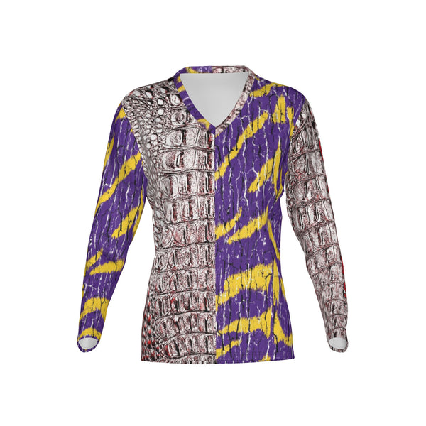 Women Cajuns Gators/Purple and Gold Tigers Tree Bark Mix Match Performance UPF+50 V-Neck Long Sleeve Shirt