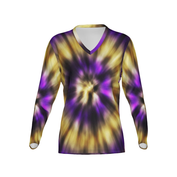 Women Purple and Gold Tie-Dye Performance UPF+50 V-Neck Long Sleeve Shirt