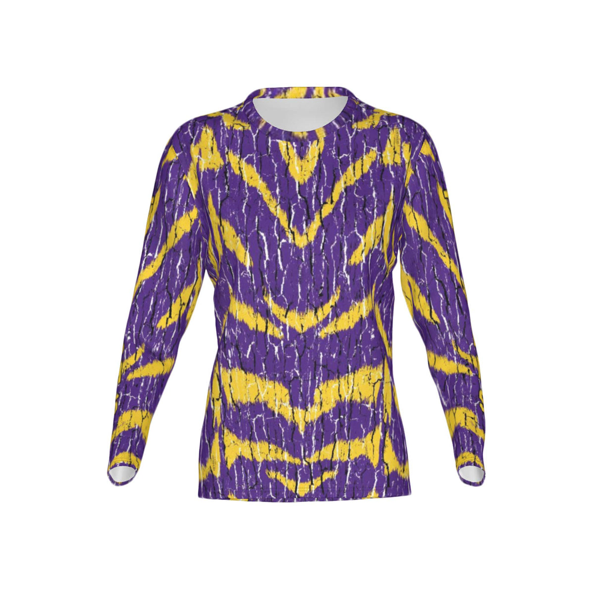 Women Purple and Gold Tigers Tree Bark Performance UPF+50 Crew Neck Long Sleeve Shirt