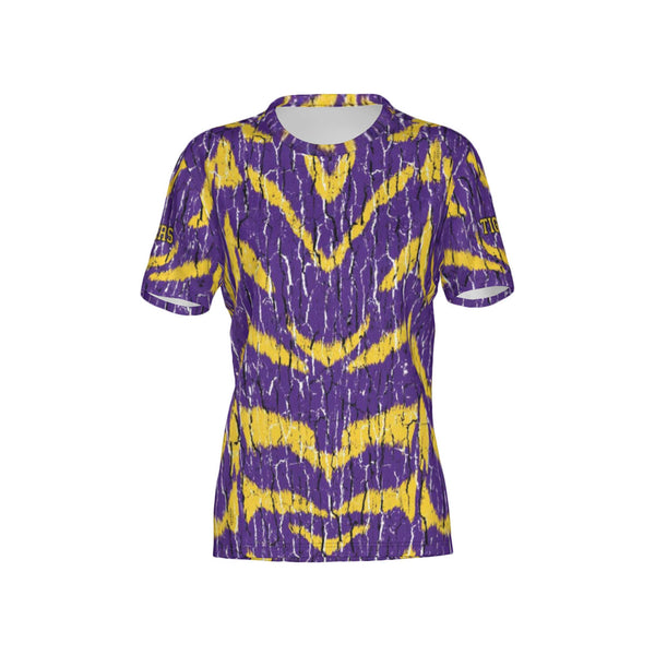 Women Purple and Gold Tigers Tree Bark Performance UPF+50 Crew Neck Short Sleeve Shirt