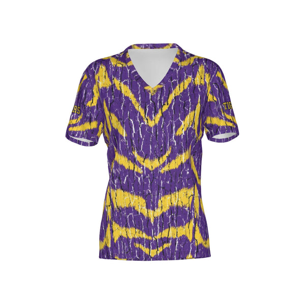 Women Purple and Gold Tigers Tree Bark Performance UPF+50 V-Neck Short Sleeve Shirt