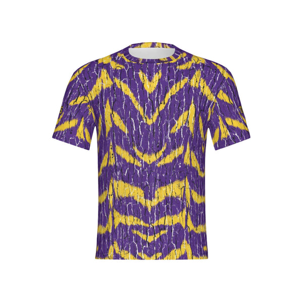 Men Purple and Gold Tigers Tree Bark Performance UPF+50 Short Sleeve Shirt