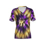 Women Purple and Gold Tie-Dye Performance UPF+50 V-Neck Short Sleeve Shirt