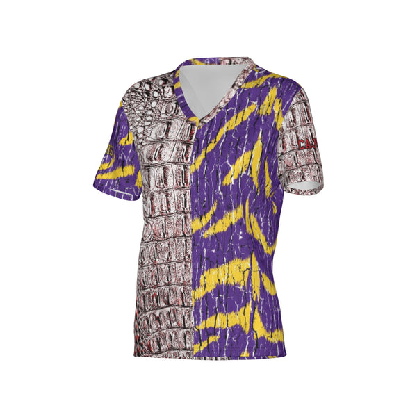 Women Cajuns Gators/Purple and Gold Tigers Tree Bark Mix Match  Performance UPF+50 V-Neck Short Sleeve Shirt