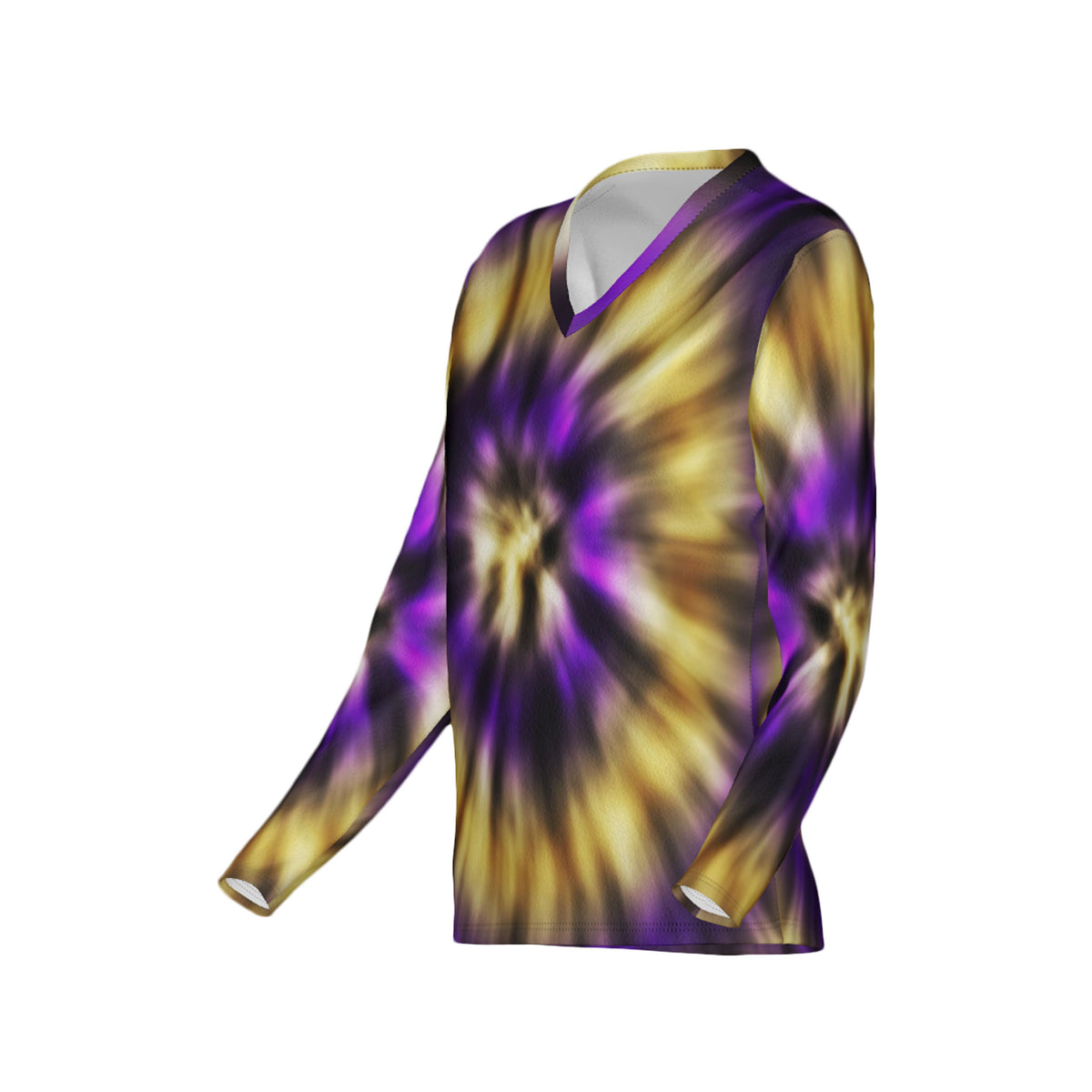 Women Purple and Gold Tie-Dye Performance UPF+50 V-Neck Long Sleeve Shirt