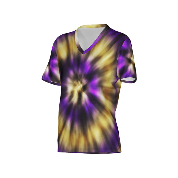 Women Purple and Gold Tie-Dye Performance UPF+50 V-Neck Short Sleeve Shirt