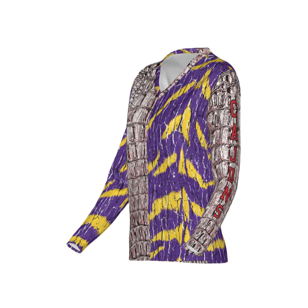 Women Cajuns Gators/Purple and Gold Tigers Tree Bark Mix Match Performance UPF+50 V-Neck Long Sleeve Shirt