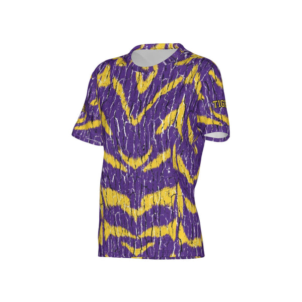 Women Purple and Gold Tigers Tree Bark Performance UPF+50 Crew Neck Short Sleeve Shirt