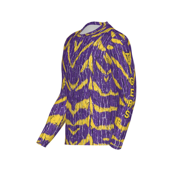 Men Purple and Gold Tigers Tree Bark Performance UPF+50 Long Sleeve Shirt