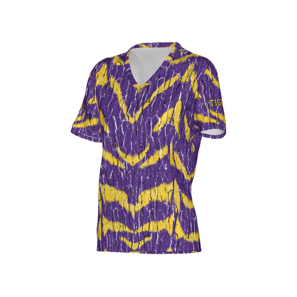 Women Purple and Gold Tigers Tree Bark Performance UPF+50 V-Neck Short Sleeve Shirt