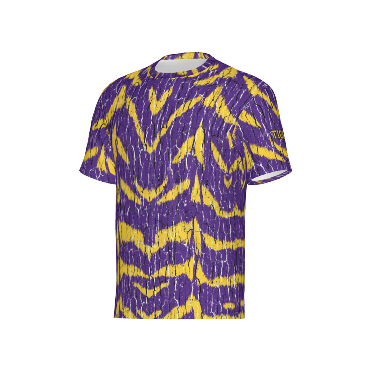 Men Purple and Gold Tigers Tree Bark Performance UPF+50 Short Sleeve Shirt