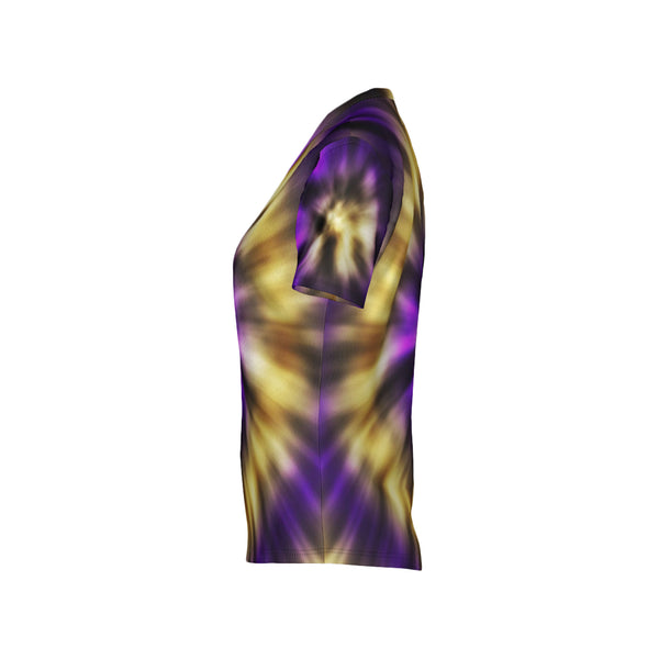 Women Purple and Gold Tie-Dye Performance UPF+50 V-Neck Short Sleeve Shirt