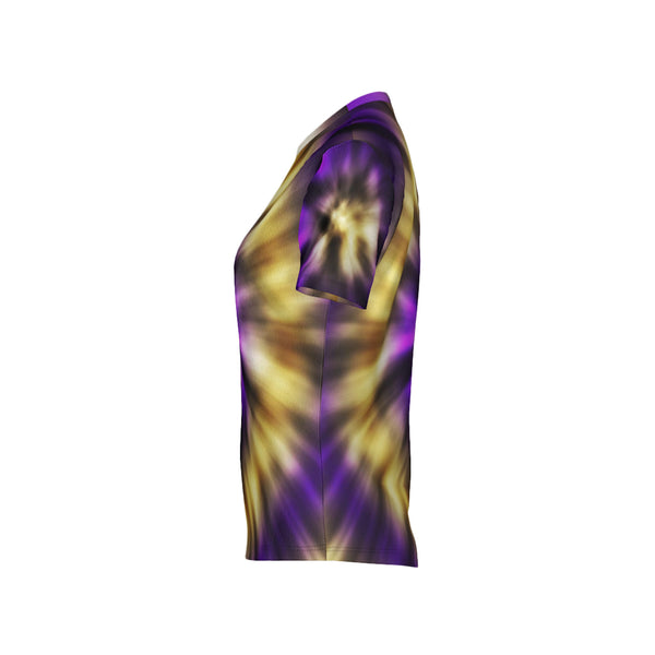 Women Purple and Gold Tie-Dye Performance UPF+50 Crew Neck Short Sleeve Shirt