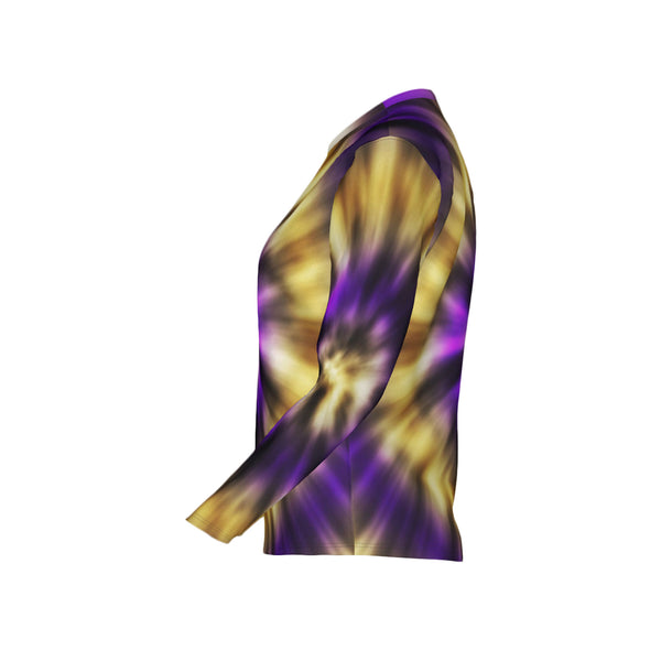 Women Purple and Gold Tie-Dye Performance UPF+50 Crew Neck Long Sleeve Shirt