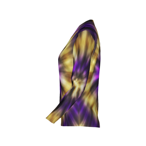 Women Purple and Gold Tie-Dye Performance UPF+50 V-Neck Long Sleeve Shirt