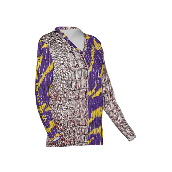 Women Cajuns Gators/Purple and Gold Tigers Tree Bark Mix Match Performance UPF+50 V-Neck Long Sleeve Shirt