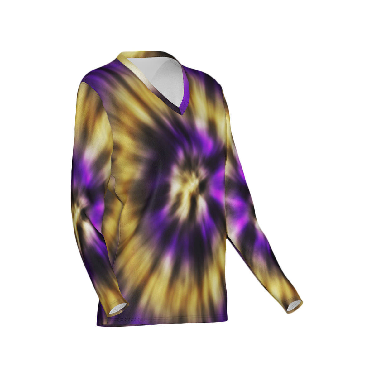 Women Purple and Gold Tie-Dye Performance UPF+50 V-Neck Long Sleeve Shirt