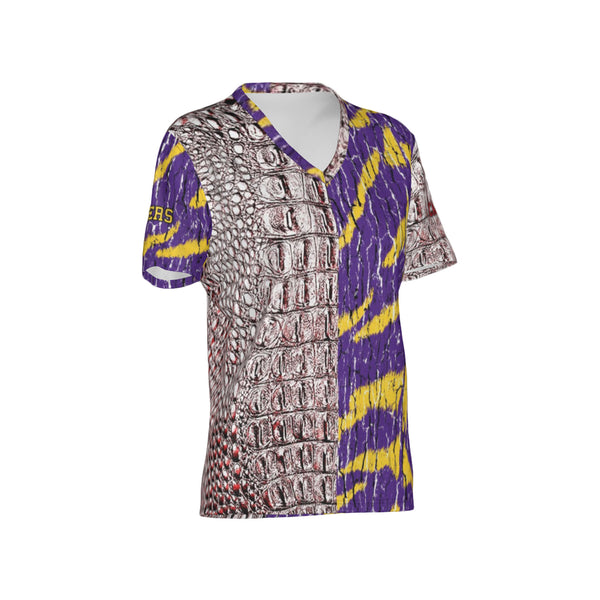 Women Cajuns Gators/Purple and Gold Tigers Tree Bark Mix Match  Performance UPF+50 V-Neck Short Sleeve Shirt