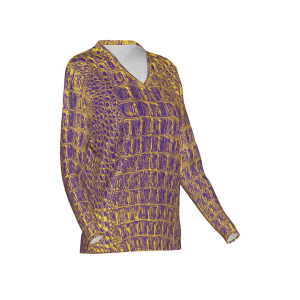 Women Purple and Gold Gator Performance UPF+50 V-Neck Long Sleeve Shirt