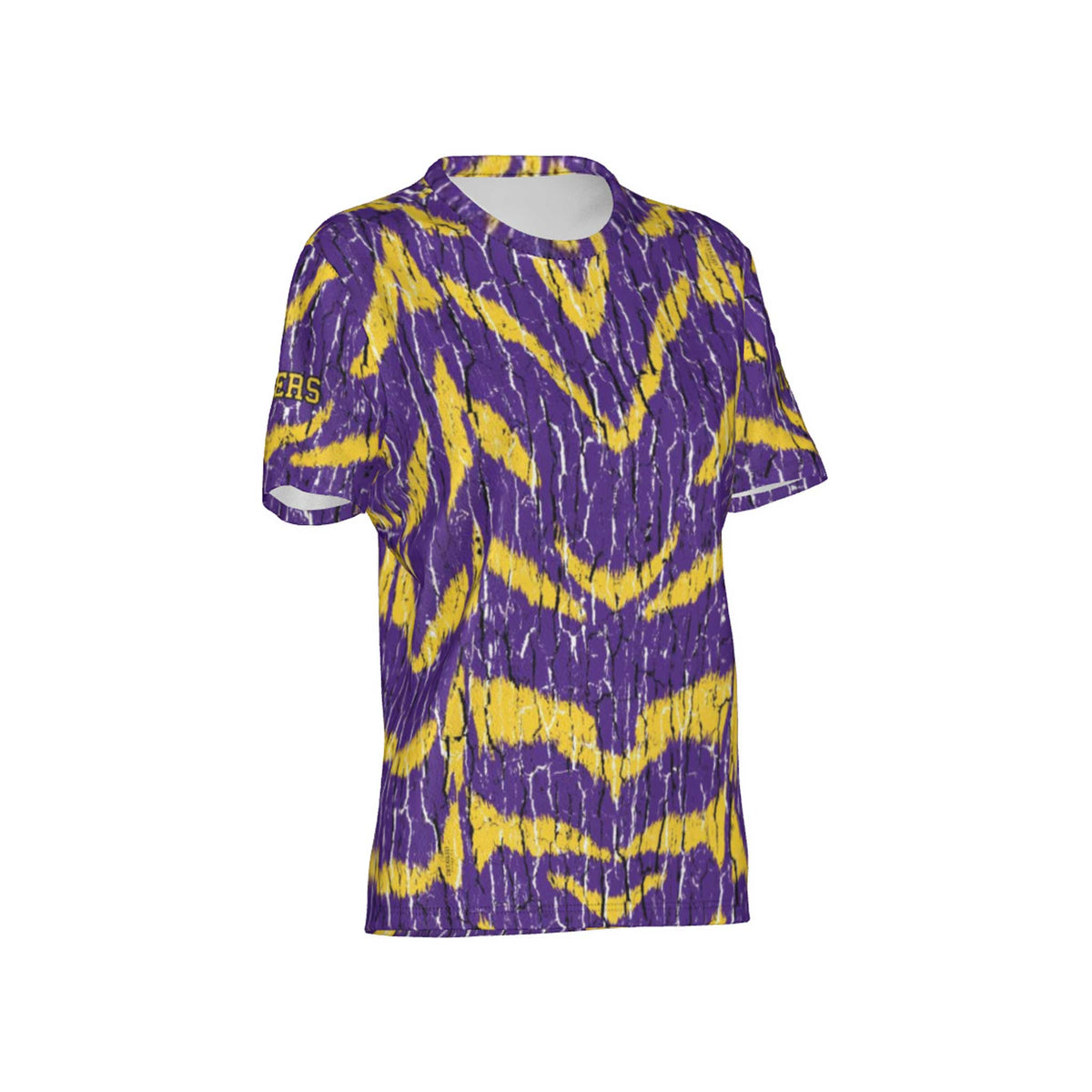 Women Purple and Gold Tigers Tree Bark Performance UPF+50 Crew Neck Short Sleeve Shirt