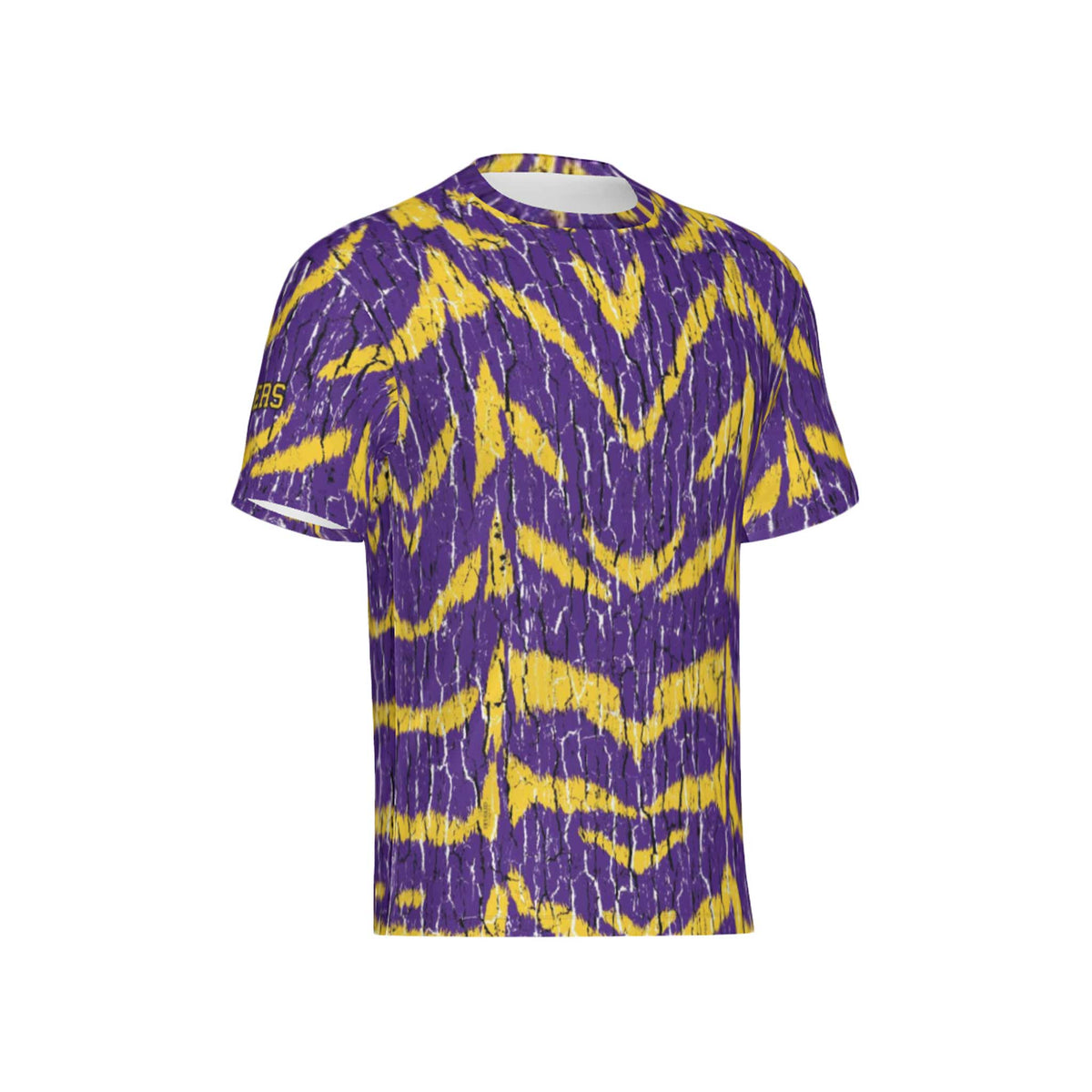 Men Purple and Gold Tigers Tree Bark Performance UPF+50 Short Sleeve Shirt