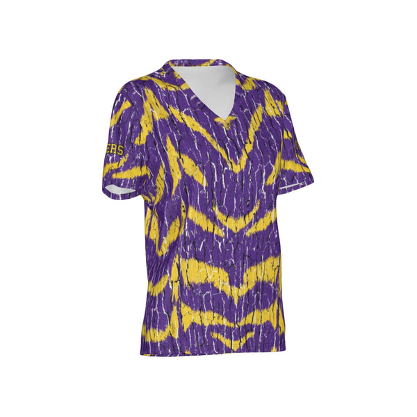 Women Purple and Gold Tigers Tree Bark Performance UPF+50 V-Neck Short Sleeve Shirt