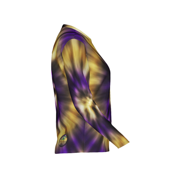 Women Purple and Gold Tie-Dye Performance UPF+50 Crew Neck Long Sleeve Shirt