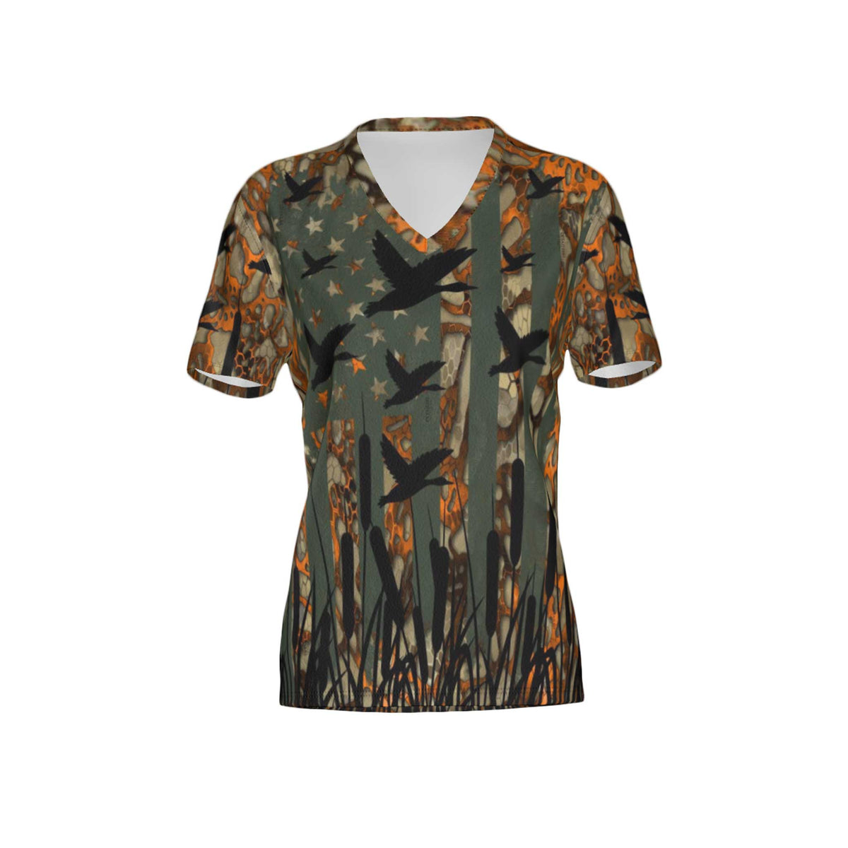 Women USA Duck Camo Performance UPF+50 V-Neck Short Sleeve Shirt