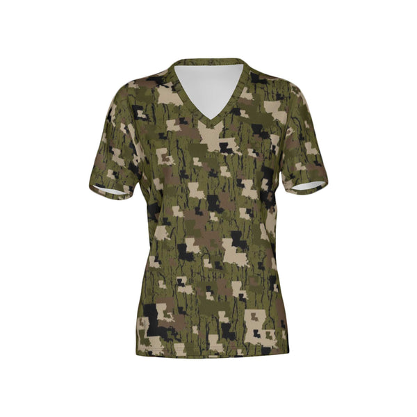 Women Louisiana Tree Bark Camouflage Performance UPF+50 V-Neck Short Sleeve Shirt