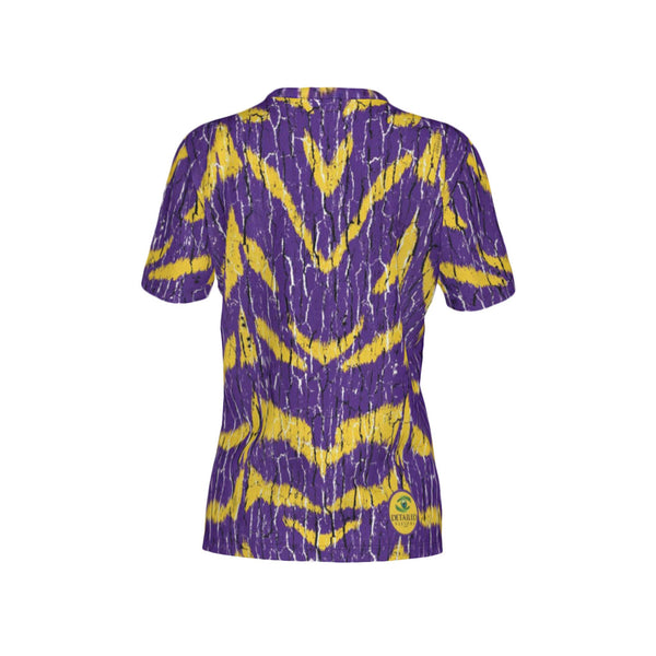 Women Purple and Gold Tree Bark Performance UPF+50 V-Neck Short Sleeve Shirt